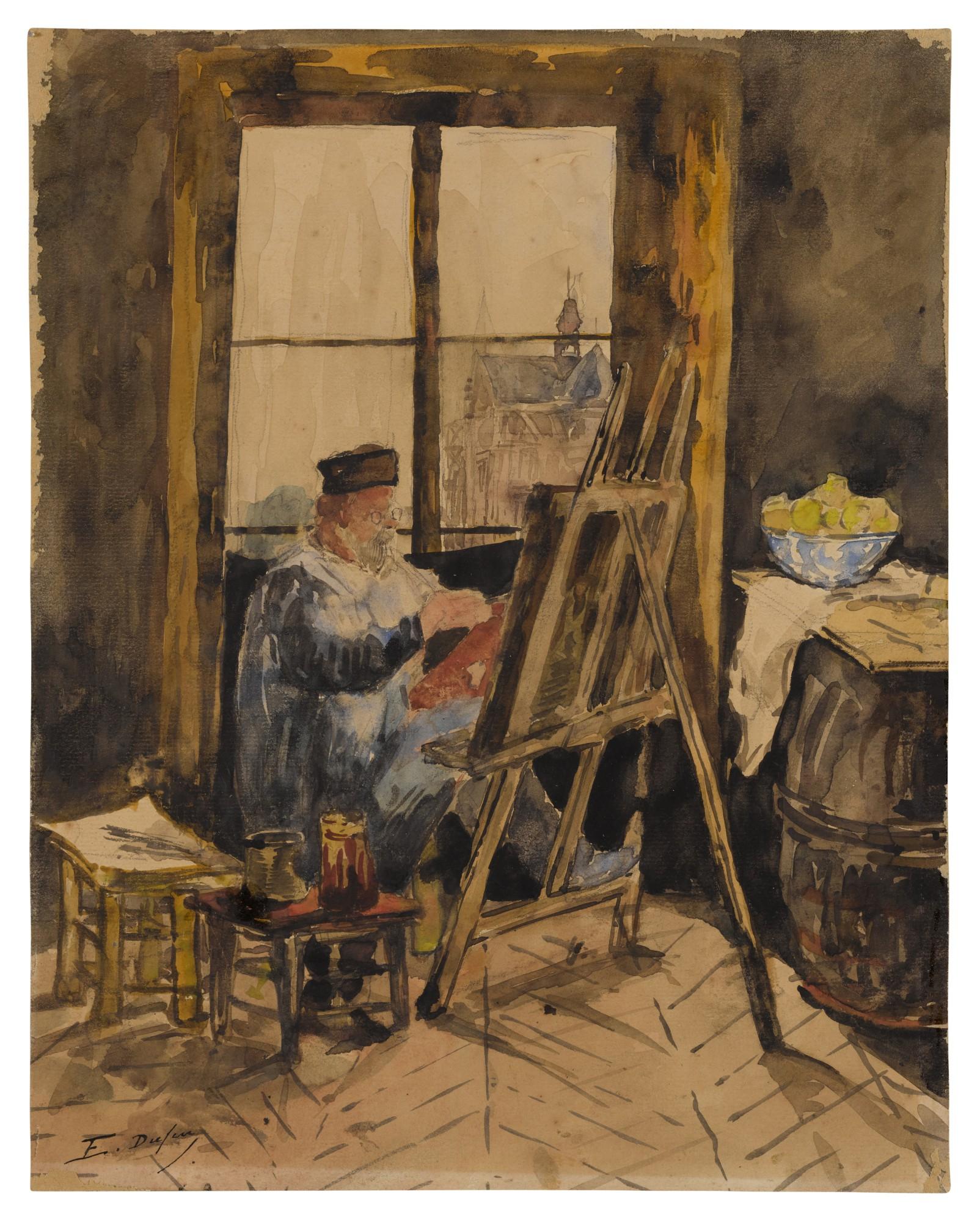 Édouard Jacques Dufeu - Portrait of Antoine Vollon seated at his easel