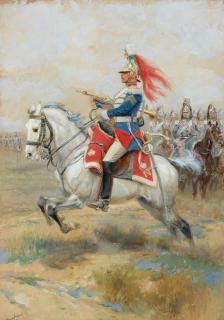 Edouard Jean Baptiste Detaille - The trumpeter of Napoleon III\'s cuirassiers 14 1/2 x 20 1/2in (36.8 x 52.1cm) (sight)