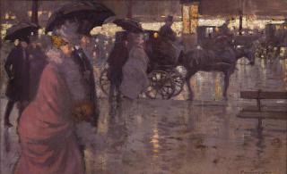 Edouard-Léon Cortès - Passants à Paris un soir de pluie