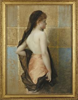 Edouard-Marie-Guillaume Dubufe - Jeune femme vue de dos, portant un voile noir et une jupe rose