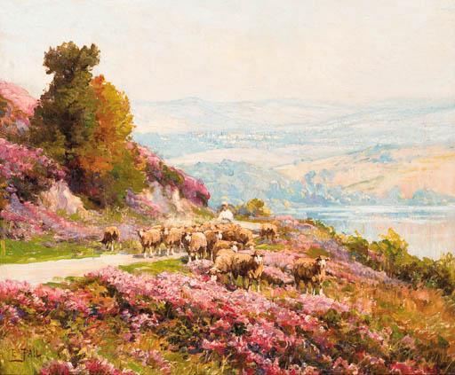 Edouard Pail - A shepherd and his flock on a hillside