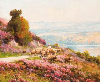 Edouard Pail - A shepherd and his flock on a hillside