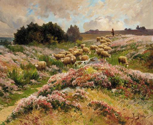 Edouard Pail - A shepherd herding his flock across moorland