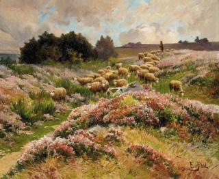 Edouard Pail - A shepherd herding his flock across moorland