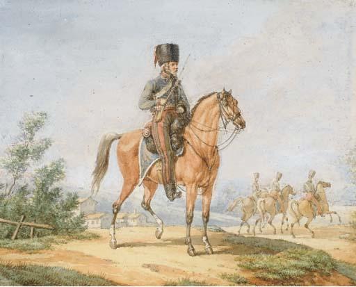 Edouard Swebach - Un paysage avec un hussard à cheval, trois cavaliers au fond