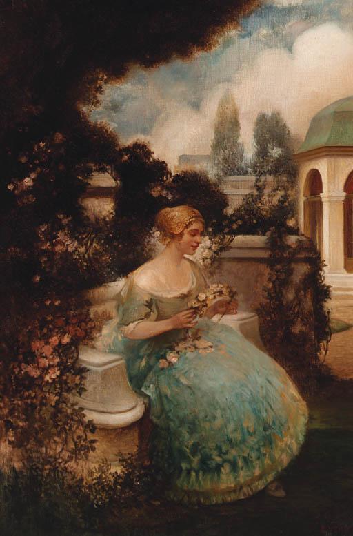 Edouard Veith - A Young Lady In A Garden Making A Garland