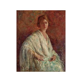 Edouard Verschaffeldt - A Portrait Of An Elegant Lady Wearing An Embroidered Silk Scarf