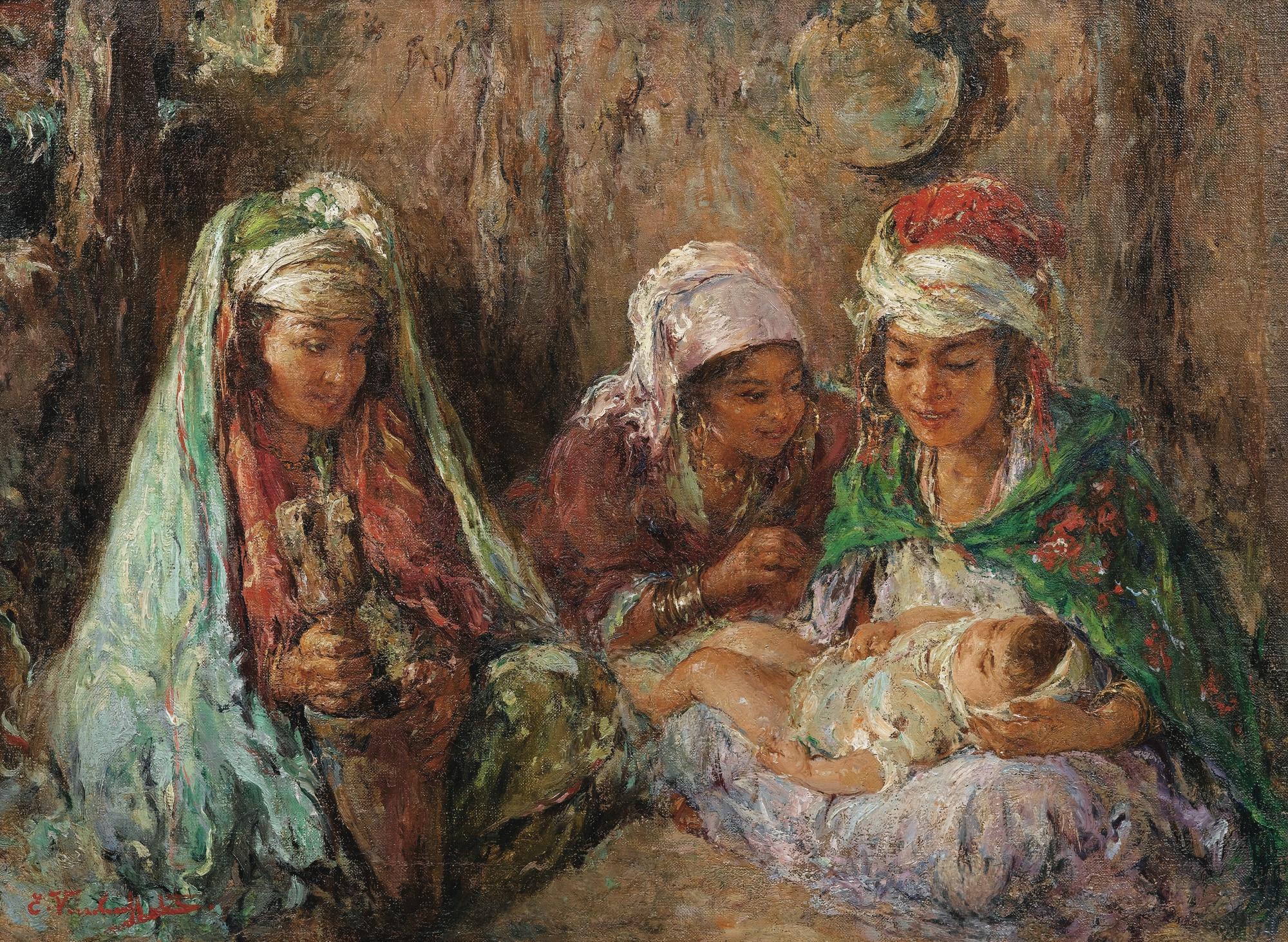 Edouard Verschaffelt - Young Women With A Baby In An Interior In Algeria