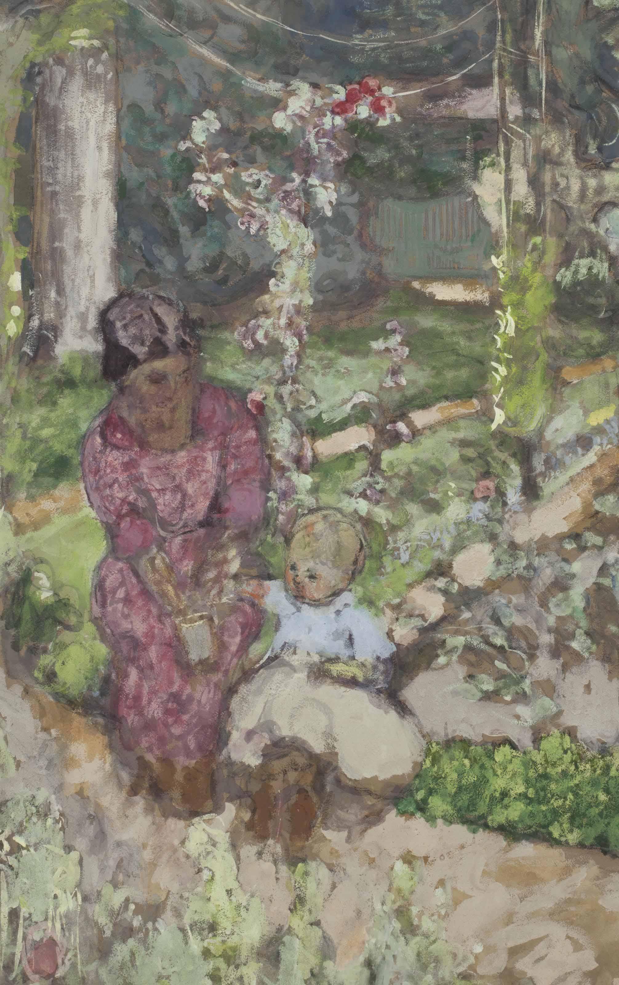 Edouard Vuillard - Madeleine Descorps et son fils Bernard au jardin (étude I)