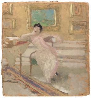 Édouard Vuillard - Portrait de Madame Hessel en robe rose accoudée à une table