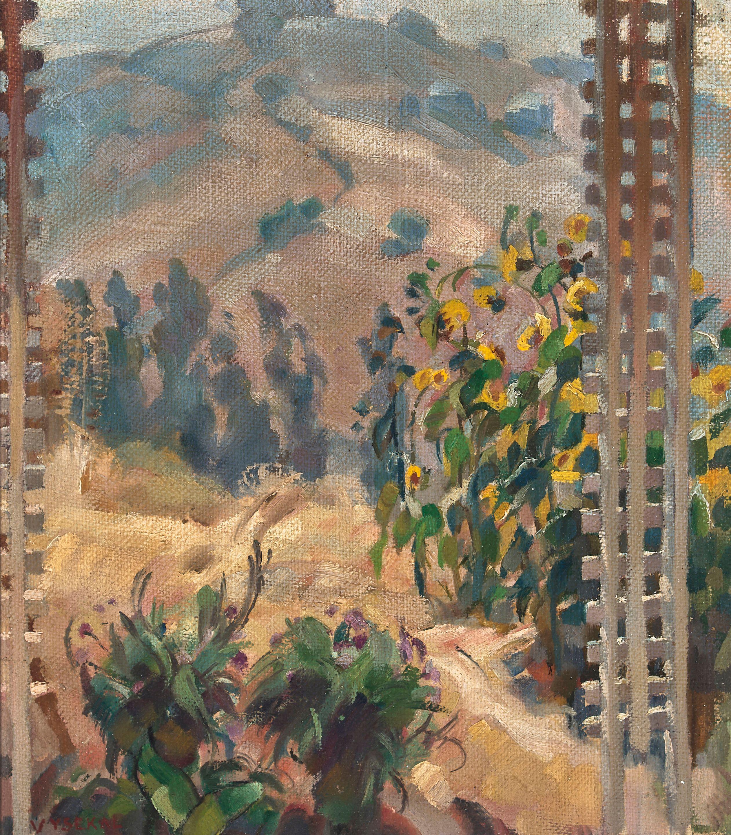 Edouard Vysekal - Sunflowers in a Southern California Garden 18 x 15 3/4 in. framed 26 x 23 in.