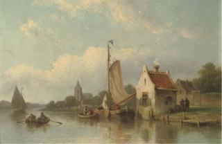 Eduard Alexander Hilverdink - A river landscape with fishermen in their boats
