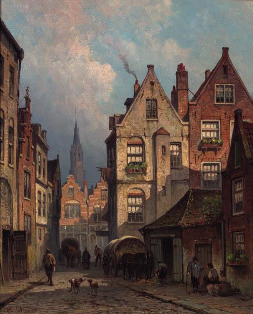 Eduard Alexander Hilverdink - A streetscene with horse-drawn carts and villagers conversing