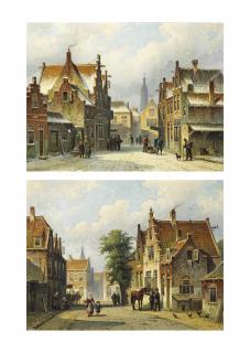 Eduard Alexander Hilverdink - A Sunlit Street In Haarlem, The Tower Of The St. Bavo In The Distance; And A Snow-Covered Street In Delft, With The Nieuwe Kerk