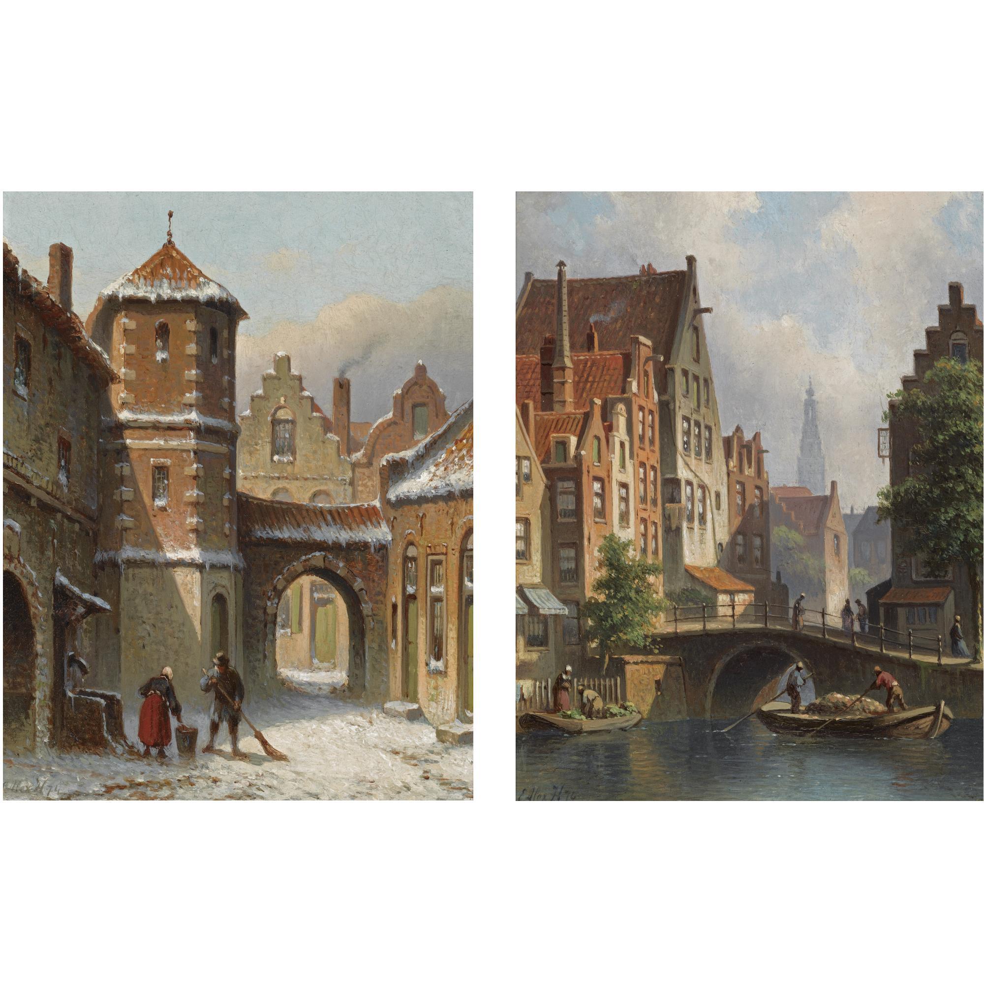 Eduard Alexander Hilverdink - Dutch A View On The Langbrugsteeg In Amsterdam On A Summer\'S Day; Figures In The Snow Covered Streets Of A Dutch Town (A Pair)
