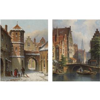 Eduard Alexander Hilverdink - Dutch A View On The Langbrugsteeg In Amsterdam On A Summer\'S Day; Figures In The Snow Covered Streets Of A Dutch Town (A Pair)
