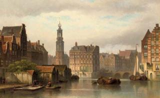 Eduard Alexander Hilverdink - The Amstel in summer with the Munttoren and the Rokin beyond
