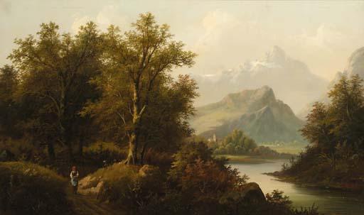 Eduard Boehm - A figure by a lake with a church and mountains beyond; and A figure by a chalet in an Alpine landscape