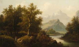 Eduard Boehm - A figure by a lake with a church and mountains beyond; and A figure by a chalet in an Alpine landscape