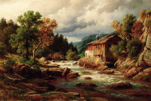 Eduard Friedrich Pape - A fisherman by a river in the south Tirol, Austria