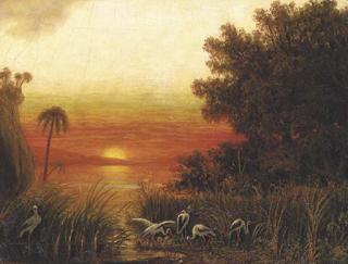 Eduard Hildebrandt - A South American Landscape With Storks By A Lake At Sunset
