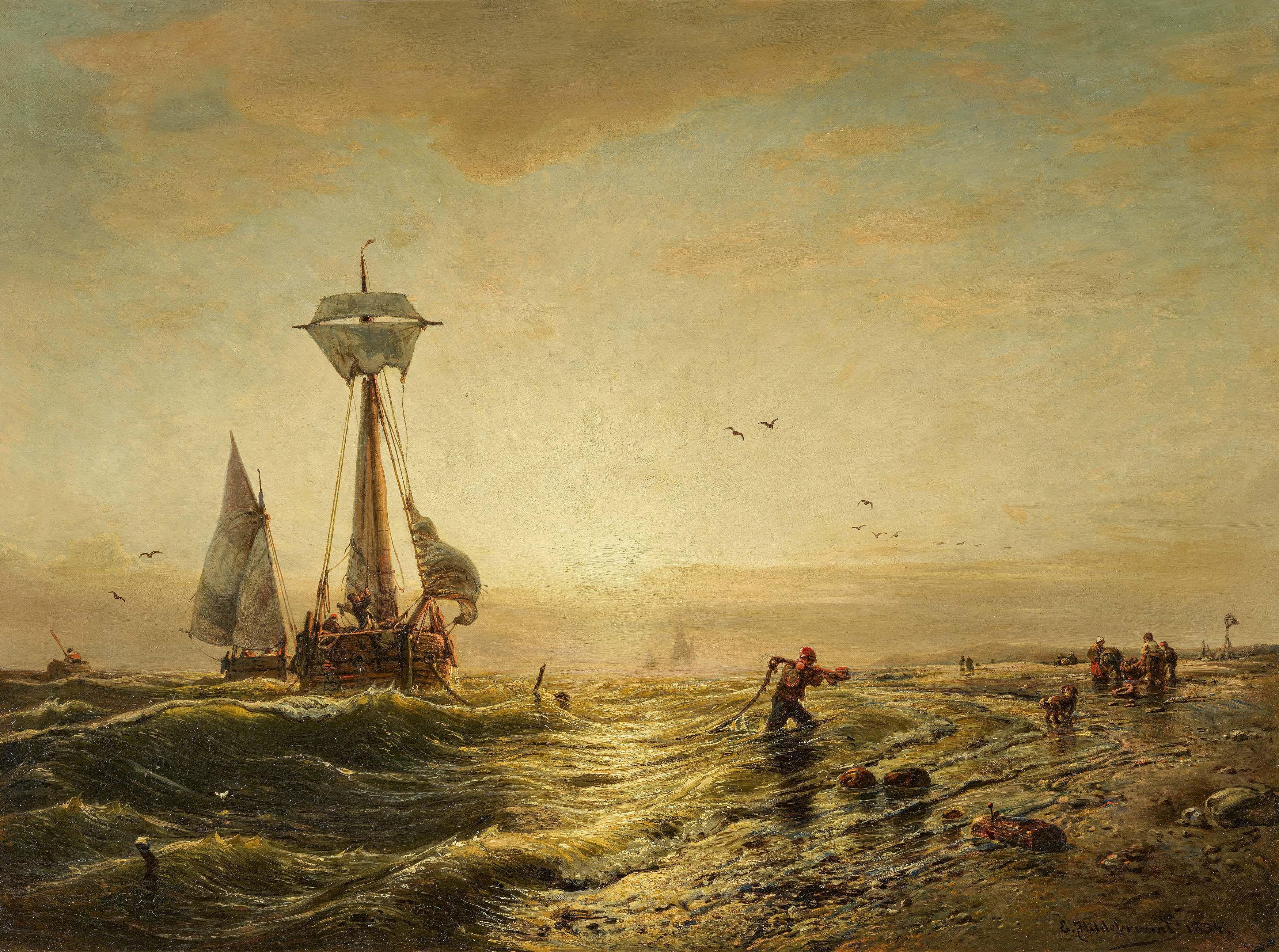 Eduard Hildebrandt - Anlandende Fischerboote im Abdendlicht.