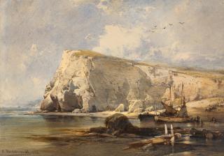 Eduard Hildebrandt - Fischerboote an felsiger Küste.