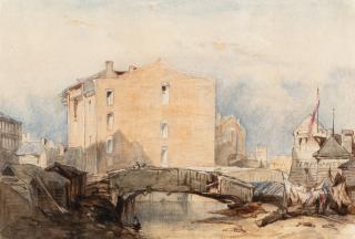 Eduard Hildebrandt - Häuser und Brücke in Rio de Janeiro