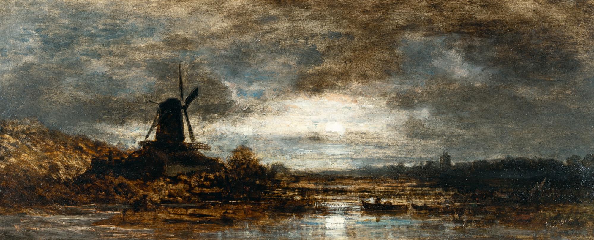 Eduard Schleich d. Ä. - Holländische Flusslandschaft mit Windmühle bei Mondschein
