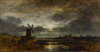 Eduard Schleich d. Ä. - Holländische Landschaft mit Windmühlen bei Mondschein.