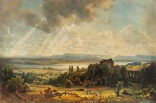 Eduard Schleich d. Ä. - Schloss Starnberg mit Bauern bei der Ernte