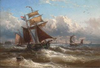 Eduard Schmidt - Dutch fishing vessels off the coast in a stiff breeze signed \'Ed Schmidt\' (lower right)