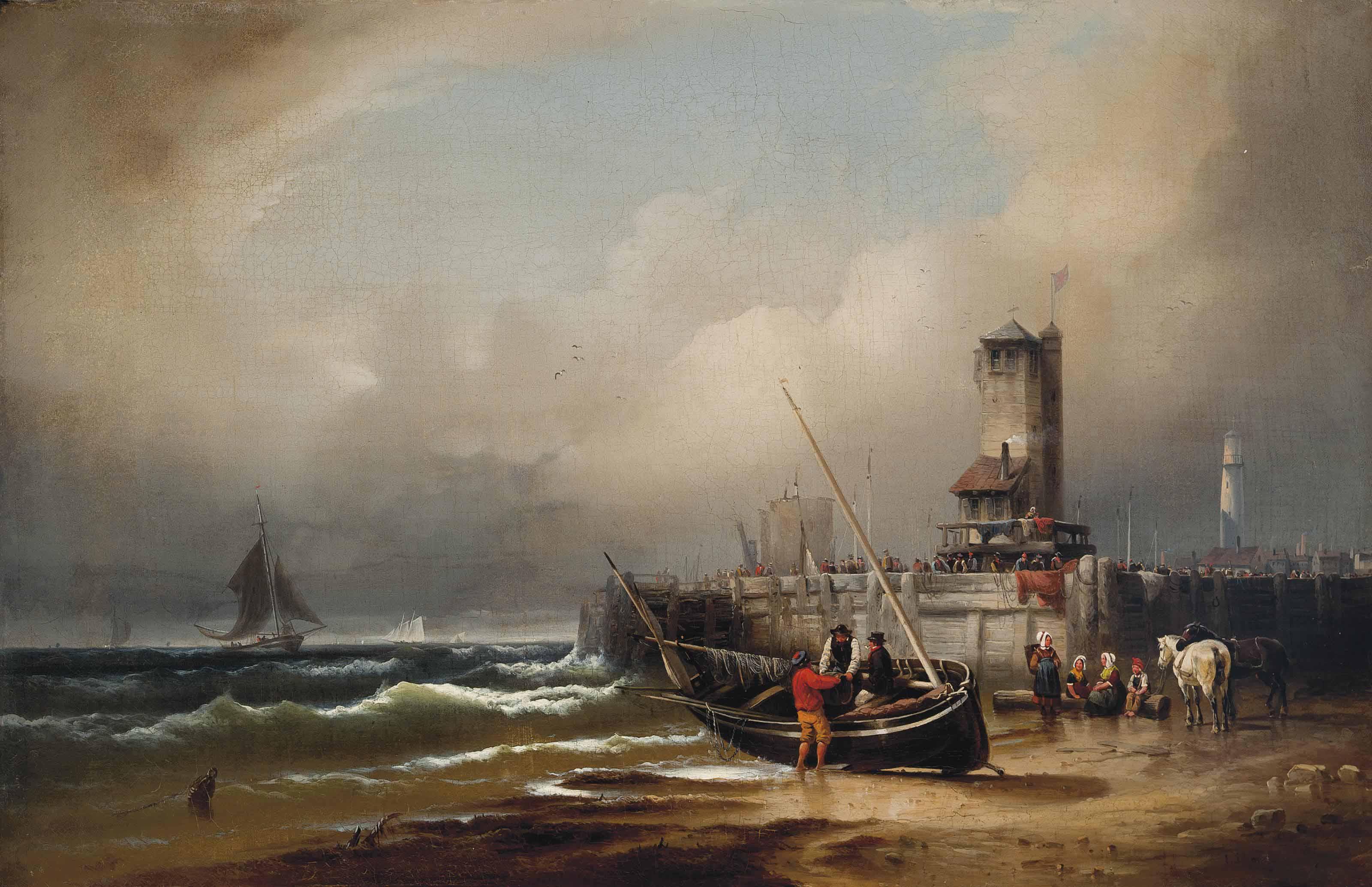Eduard Schmidt - Unloading the day\'s catch, at low tide, before a continental harbour