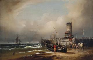 Eduard Schmidt - Unloading the day\'s catch, at low tide, before a continental harbour