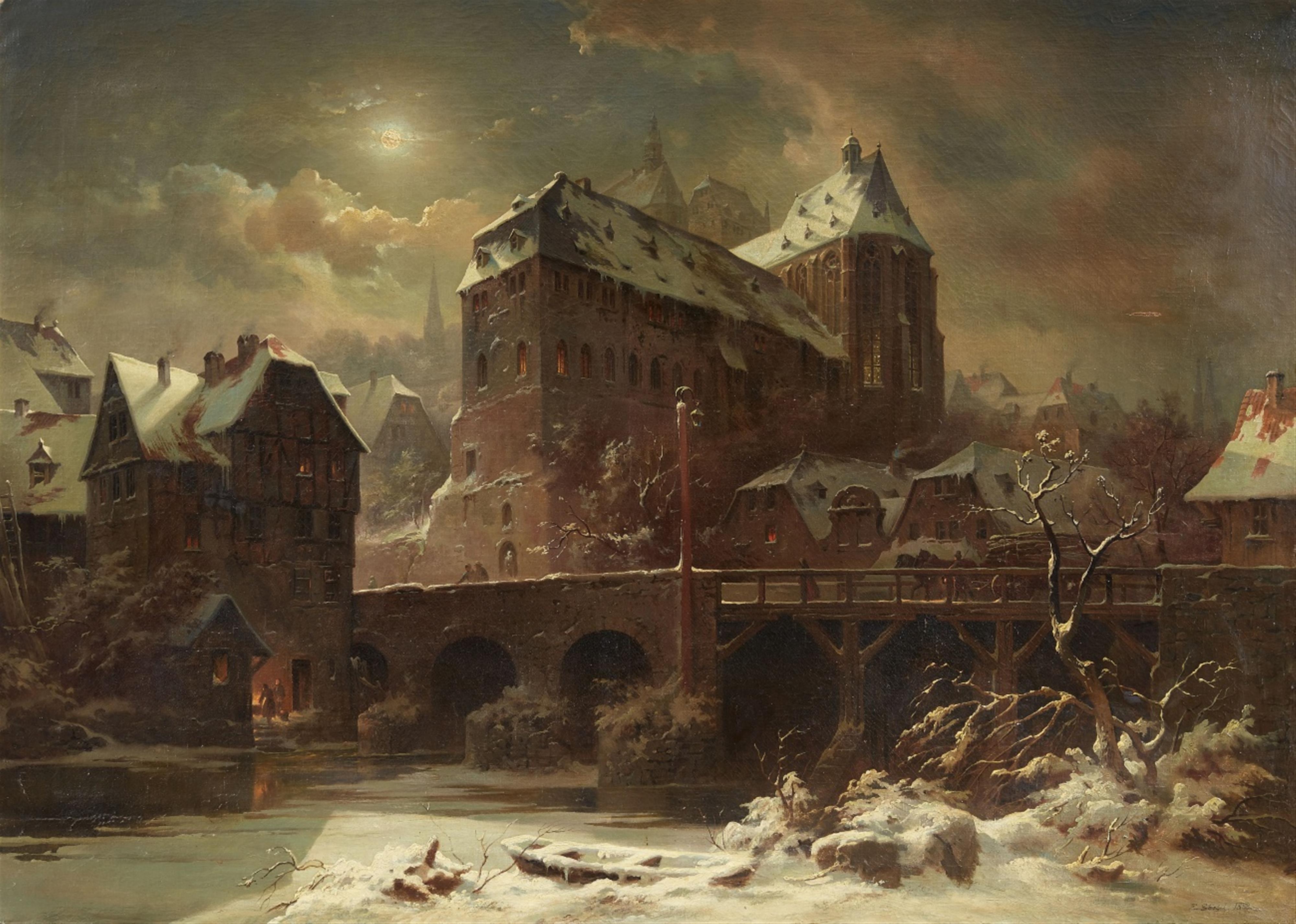 Eduard Stiegel - Ansicht von Marburg mit alter Universität, Lahnbrücke und Deutschherrenmühle