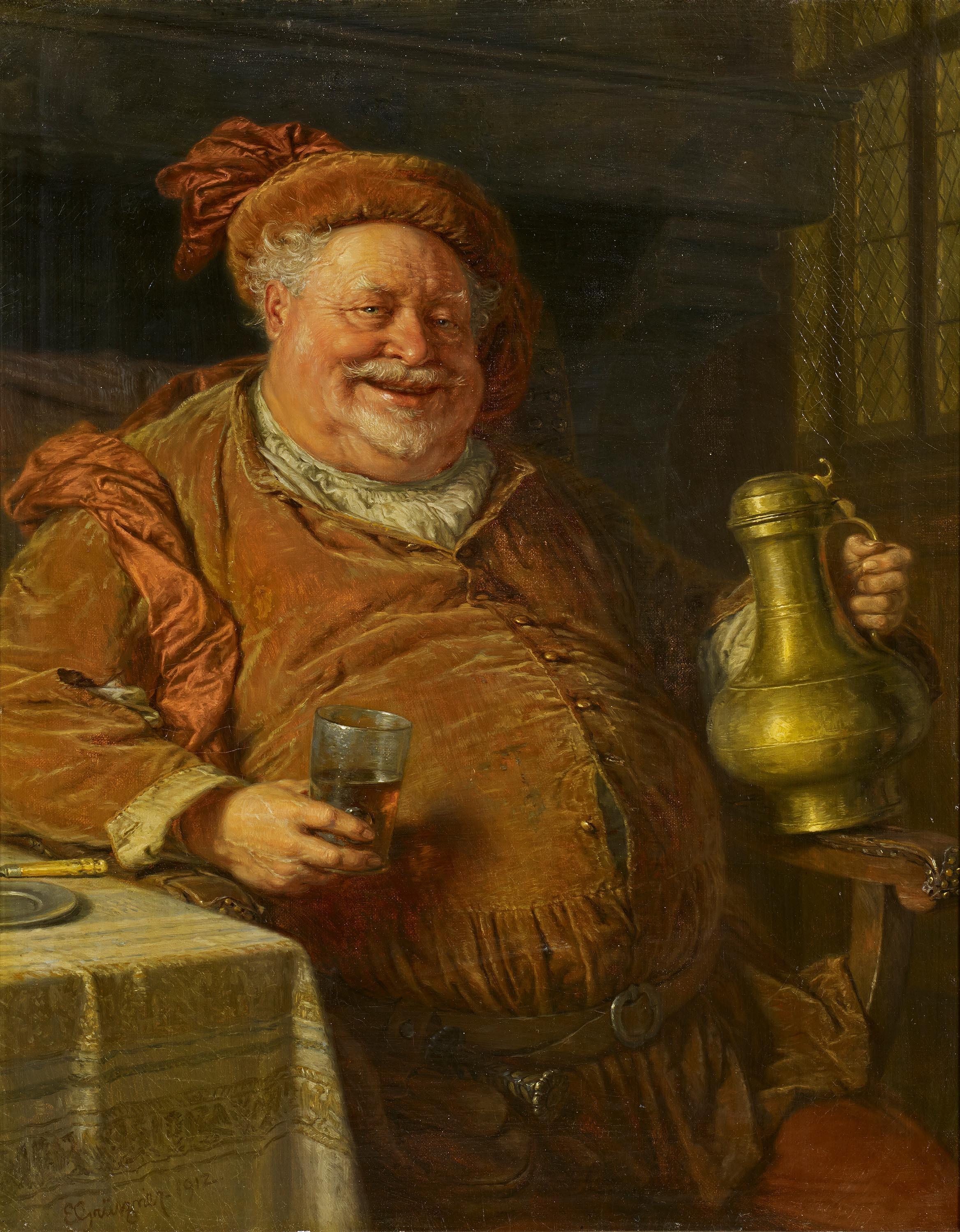Eduard von Grützner - Falstaff mit Zinnkanne und Weinglas.