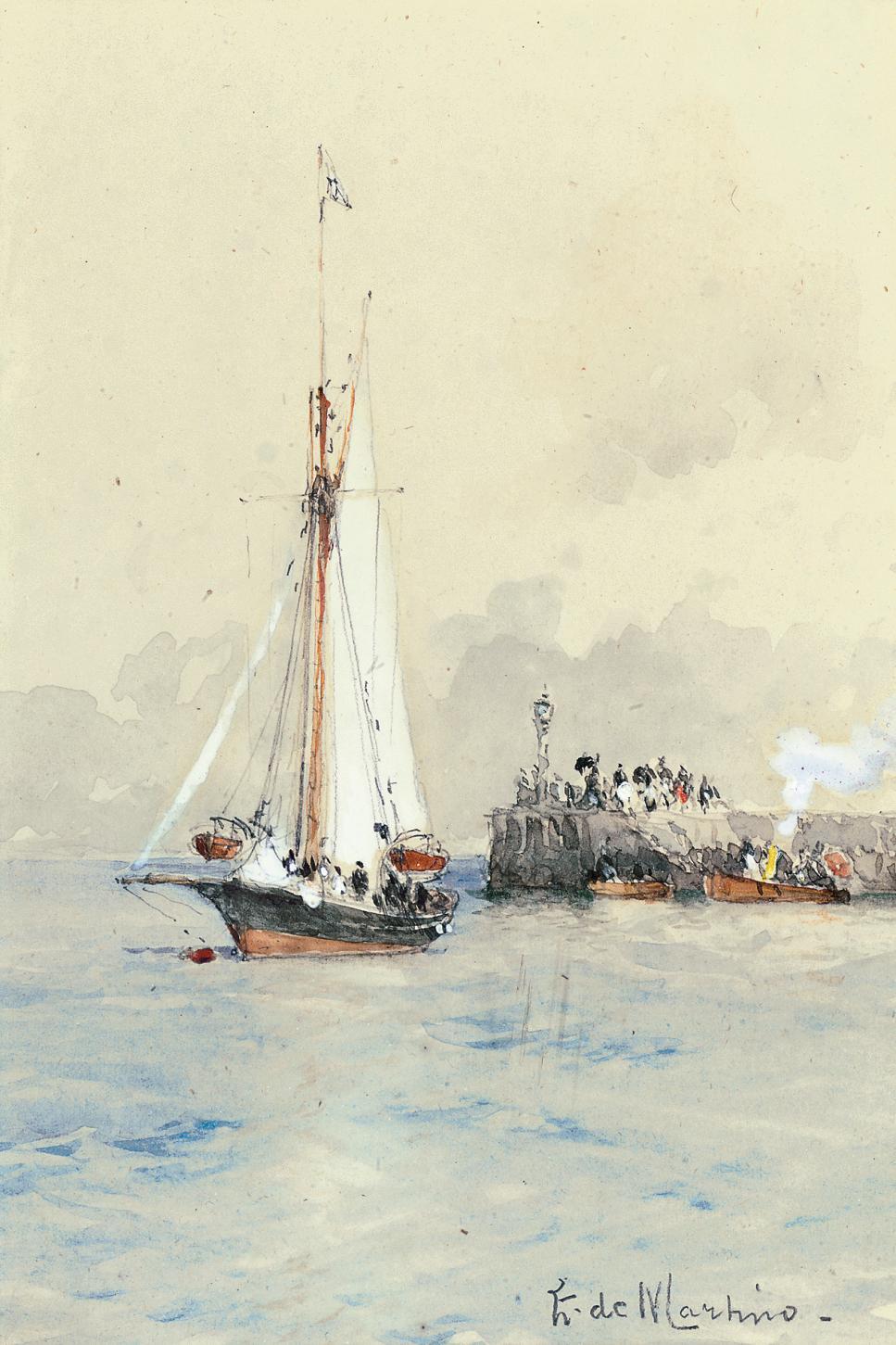 Eduardo Frederico Chevalier de Martino, C.V.O. - Prince Henry of Prussia\'s yacht Irene lying on her mooring off a pier