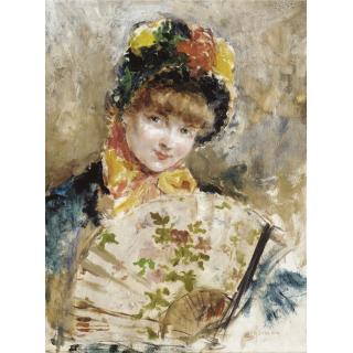 Eduardo León Garrido - A Lady Holding A Floral Fan