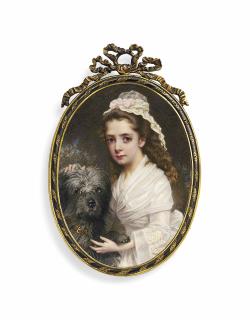 Eduardo Lobo Moira - Marie Evelyn, Viscountess Byng Of Vimy, Née Moreton (1870-1949), In White Dress With Fichu, Wearing Lace Cap With Ribbon, Her Dog Beside Her; Foliate Background