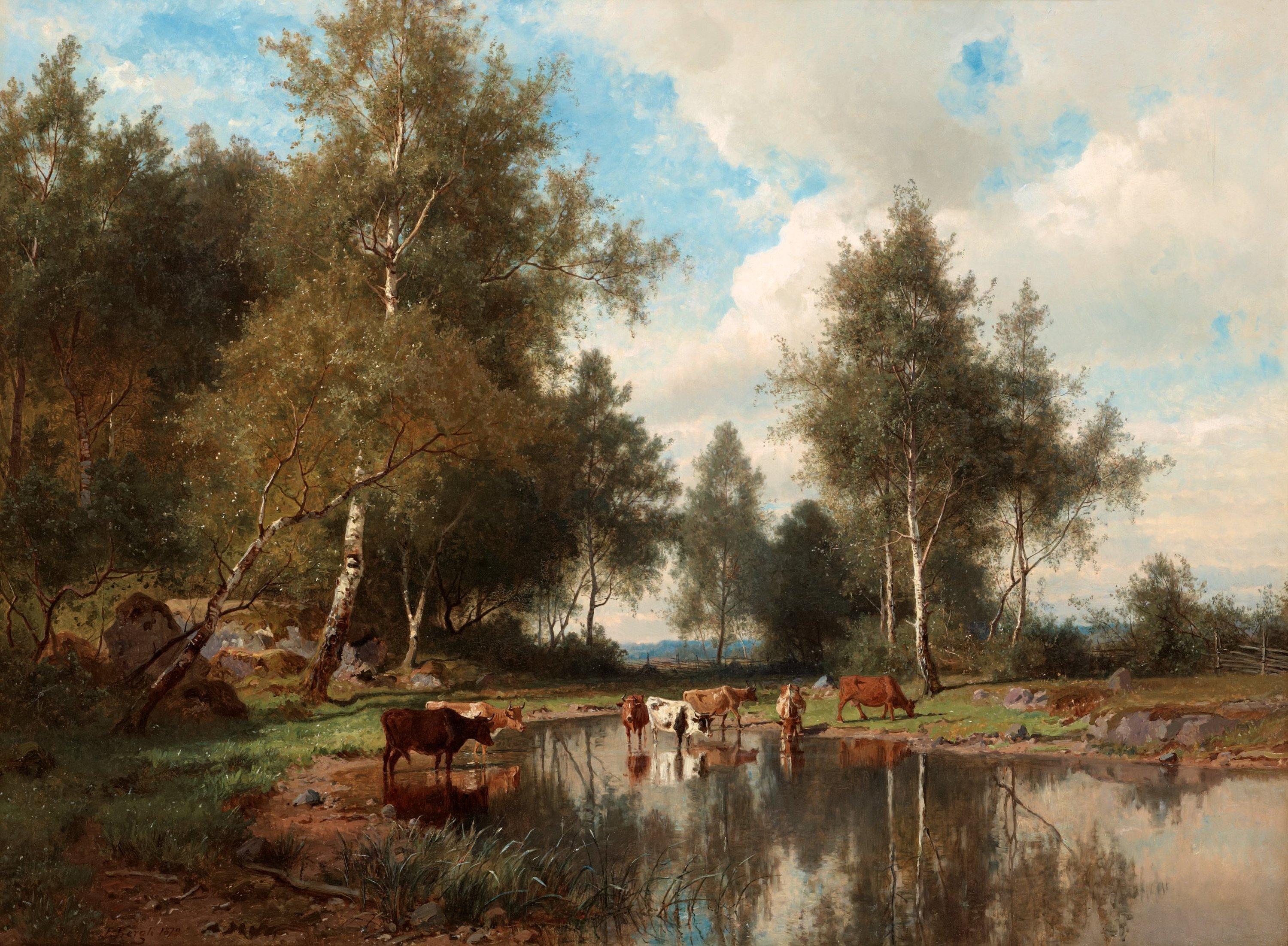 Edvard Bergh - Forest landscape with birch trees and cows by water