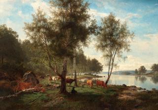 Edvard Bergh - Summer landscape with cattle and birches