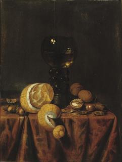 Edwaert Collier - A \'Roemer\' of white wine, a partially peeled lemon, walnuts and hazelnuts, all on a draped table