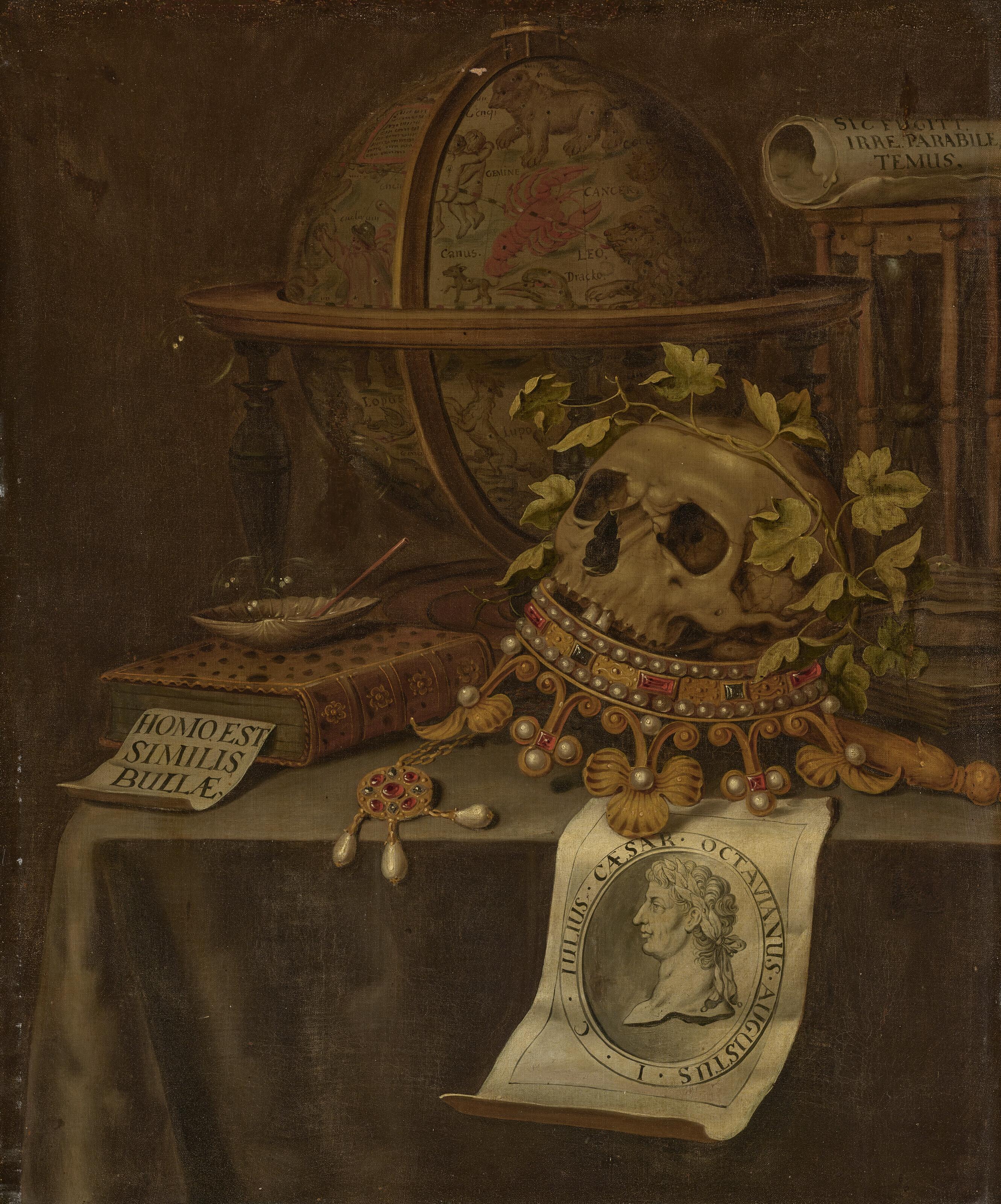 Edwaert Collier - A skull atop a jewelled crown, an astrological globe, an hourglass, a book, a shell with soap bubbles and an engraved portrait of the Emperor Augustus on a draped table - a vanitas
