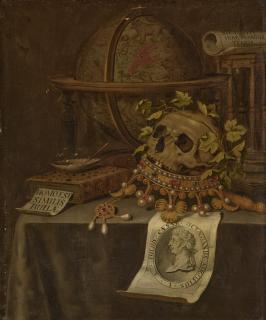 Edwaert Collier - A skull atop a jewelled crown, an astrological globe, an hourglass, a book, a shell with soap bubbles and an engraved portrait of the Emperor Augustus on a draped table - a vanitas