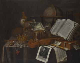 Edwaert Collier - A Still Life With A Crown And Sceptre, A Violin, A Jewel Casket, A Nautilus Cup, And A Print Of Erasmus