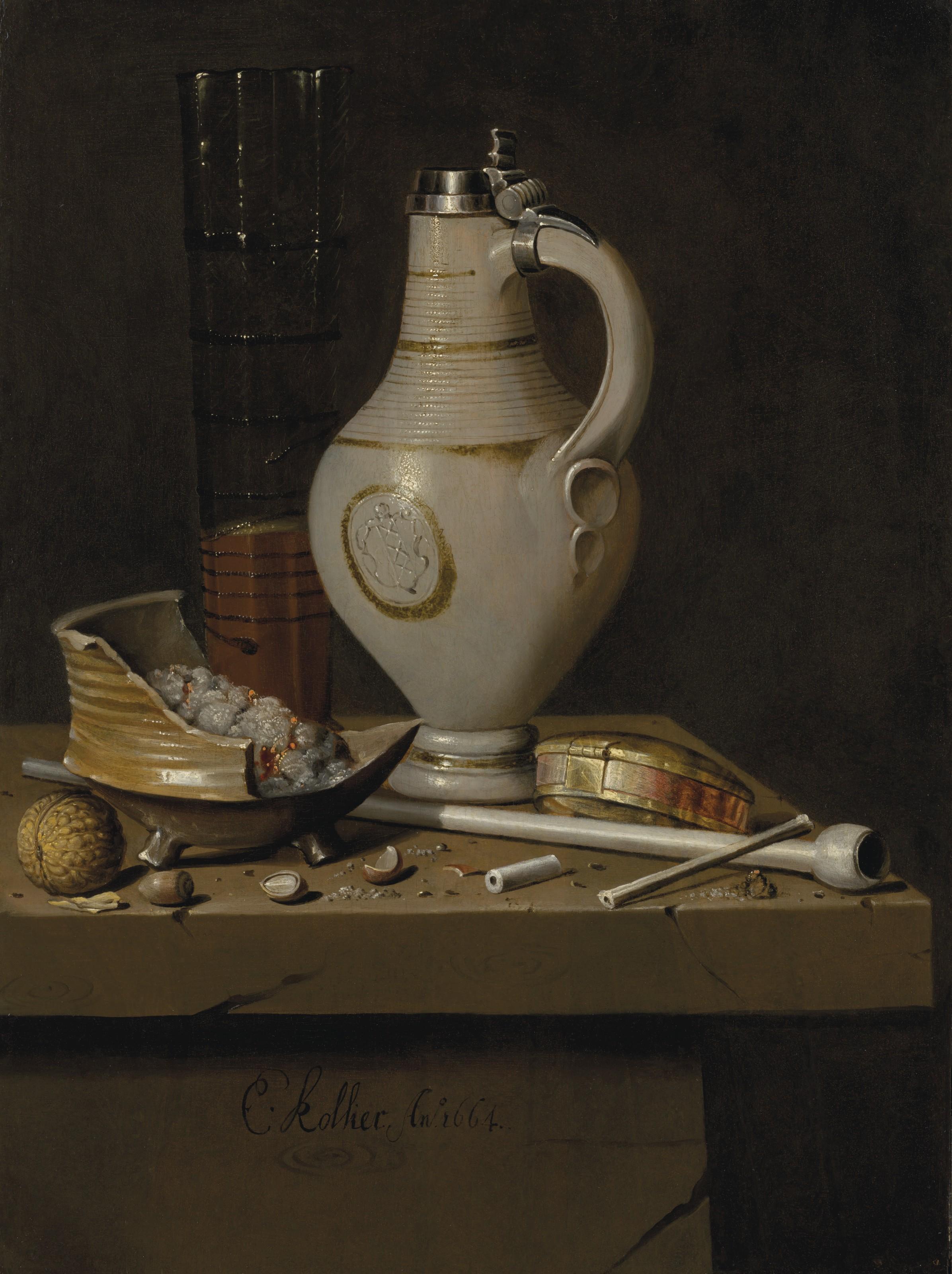 Edwaert Collier - A Toebakje Still Life Of Smoking Utensils, A Jug And A Tall Glass Partly Filled With Beer