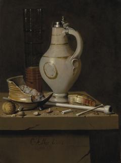 Edwaert Collier - A Toebakje Still Life Of Smoking Utensils, A Jug And A Tall Glass Partly Filled With Beer