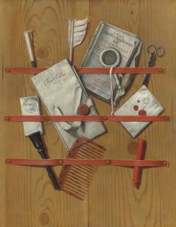 Edwaert Collier - A Trompe L’Oeil Of Letters, A Newspaper, A Quill, A Magnifying Glass And Other Objects Assembled Behind Ribbons Upon Wooden Boards