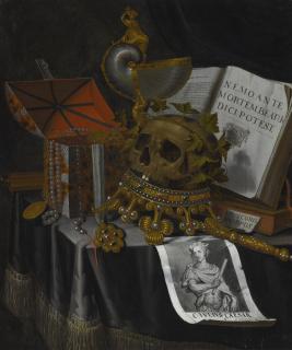 Edwaert Collier - A Vanitas Still Life With A Laurelled Skull Upon An Inverted Crown, A Scepter, A Nautilus Cup, A Jewelry Casket, Books And A Portrait Of Caesar On A Draped Table