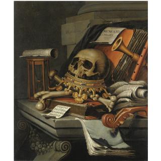 Edwaert Collier - A Vanitas Still Life With A Skull Surmounting A Crown, Books, Scrolls, An Hour-Glass, A Violin And Other Musical Instruments, All Resting Upon A Stone Ledge